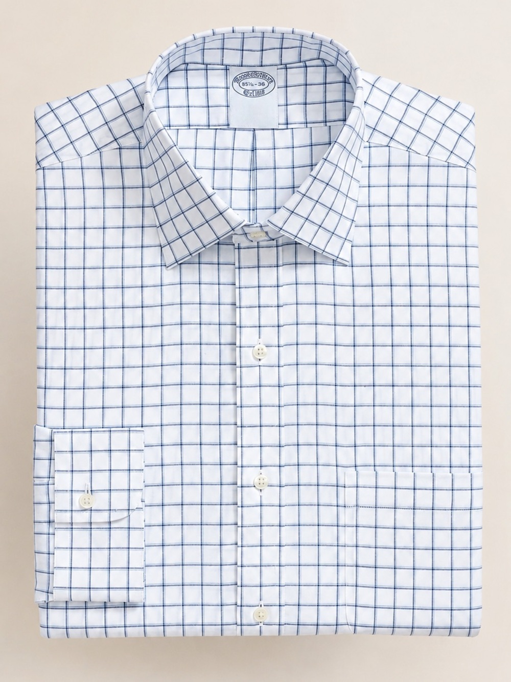 Brooks Brothers Milano Original Polo Shirt White Blue WindowPane Check Neck 16.5